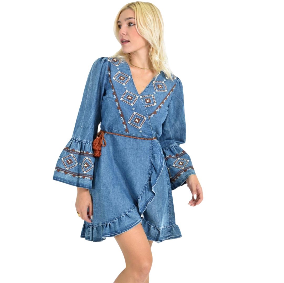 Denim Κρουαζέ Φόρεμα με Κεντήματα & Βολάν Μπλε Τζιν 26645