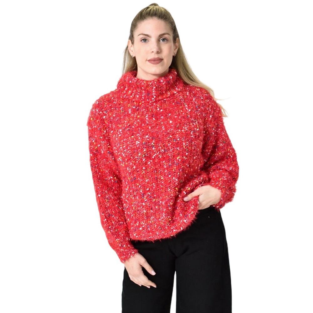 Πλεκτή αφράτη πουλόβερ με ζιβάγκο με πολύχρωμες νηματιές Κόκκινο 27183