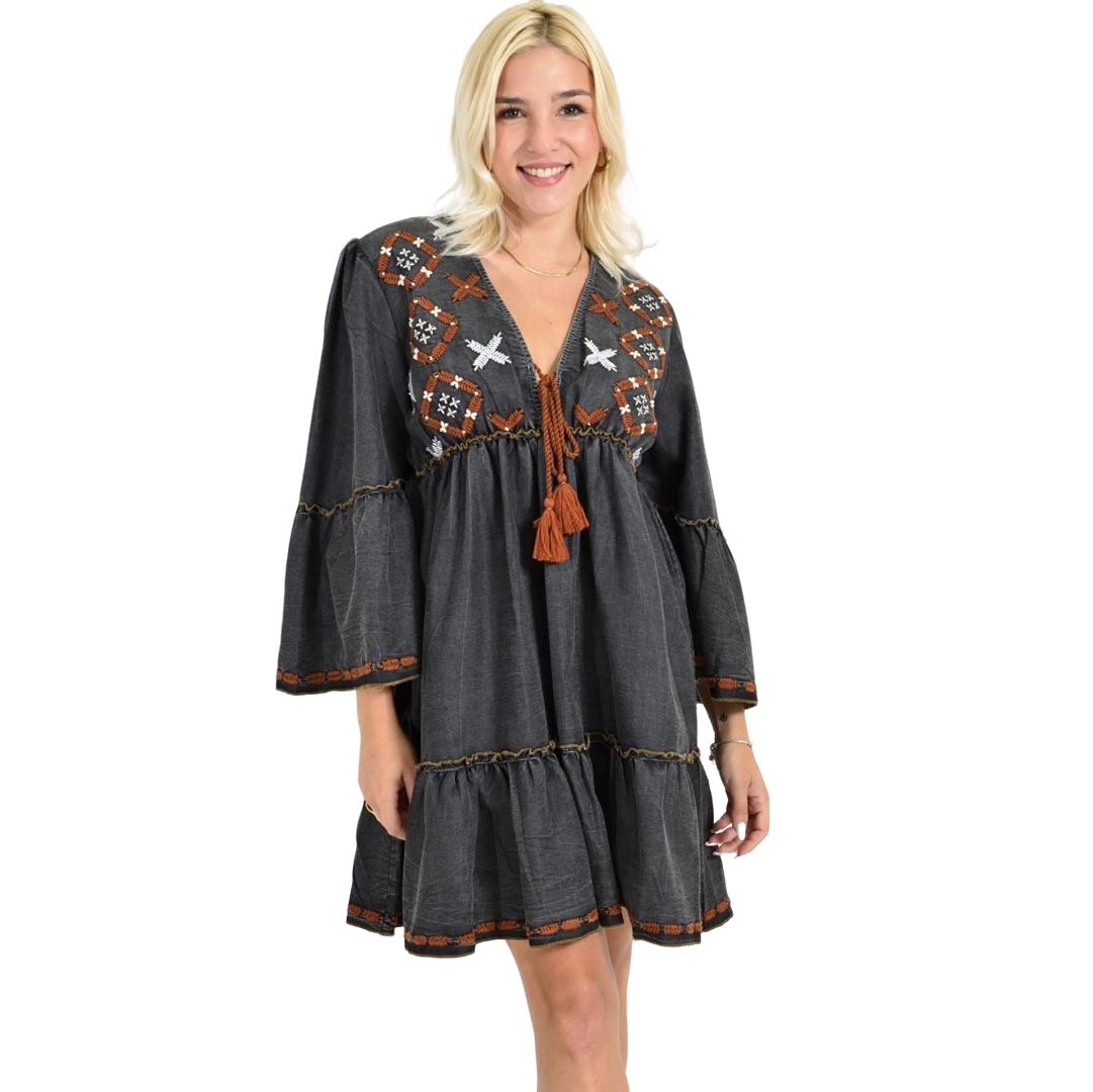 Μαύρο Mini Φόρεμα Folk Style με Κεντήματα & Καμπάνα Μανίκια Μαύρο 26648