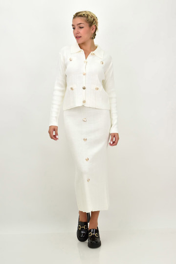  - Μονόχρωμο γυναικείο πλεκτό σετ με ζακέτα και μίντι φούστα, εκρού