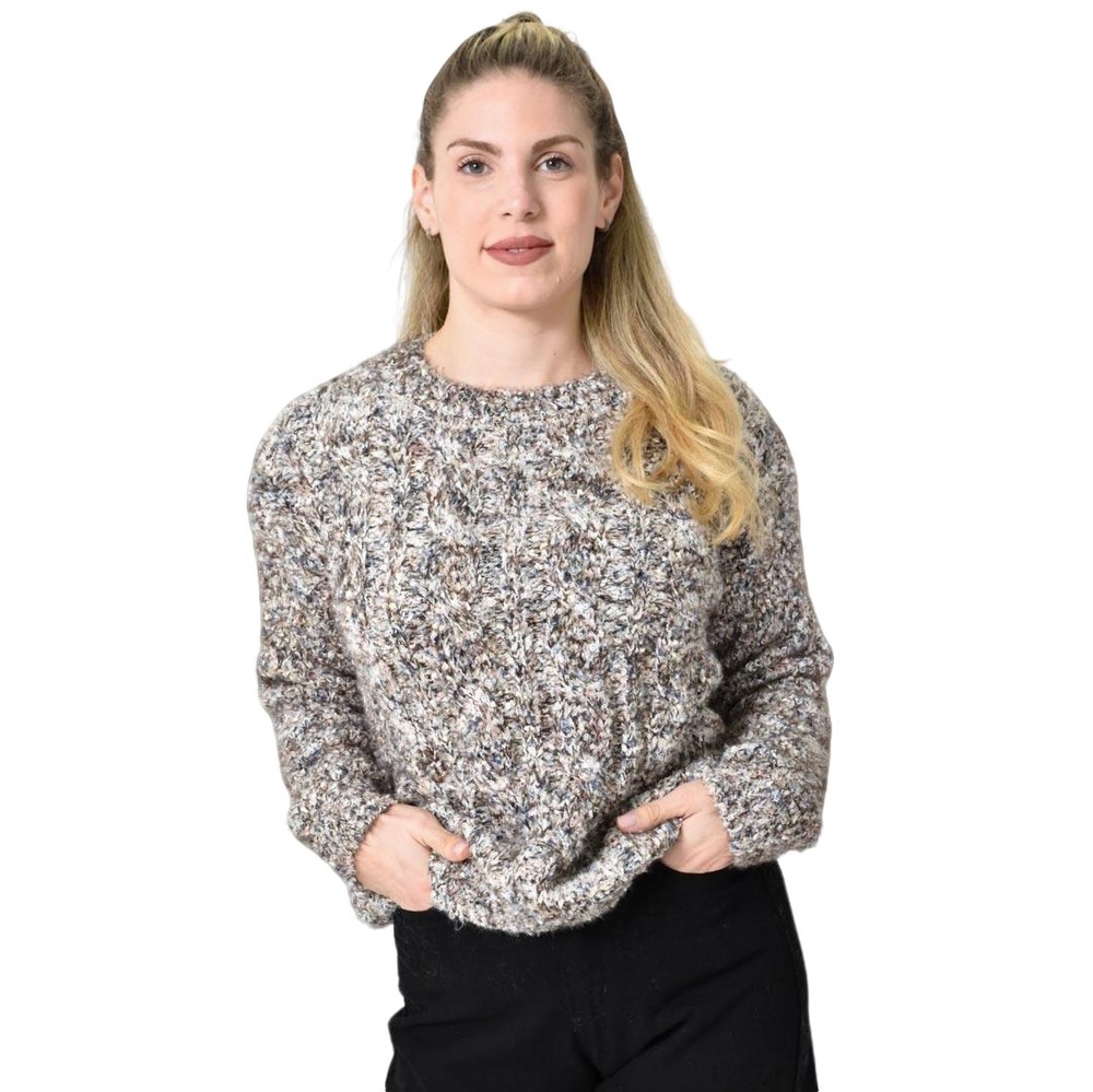 Πλεκτή αφράτη πουλόβερ με πολύχρωμες νηματιές Μπεζ 27207