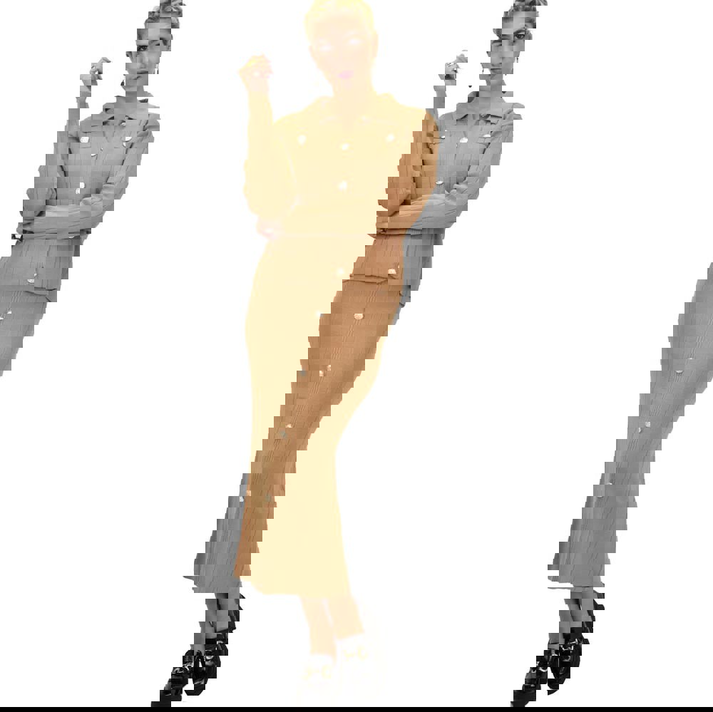 Γυναικείο πλεκτό σετ με κουμπιά Μπεζ 22116