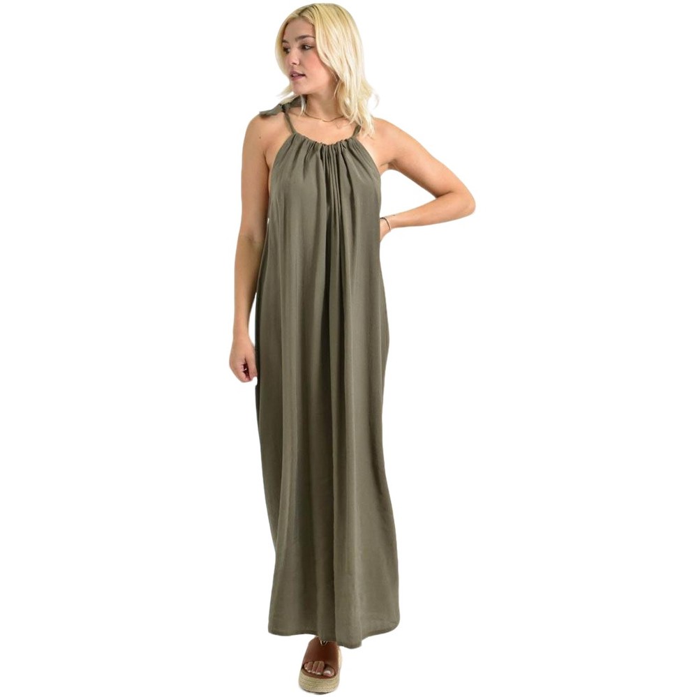 Μονόχρωμο Αέρινο Μάξι Φόρεμα με Δέσιμο στον Ώμο Χακί 26669