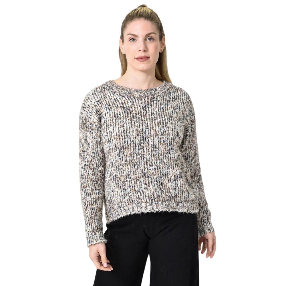 Πλεκτή αφράτη πουλόβερ με πολύχρωμες νηματιές Μπεζ 27194