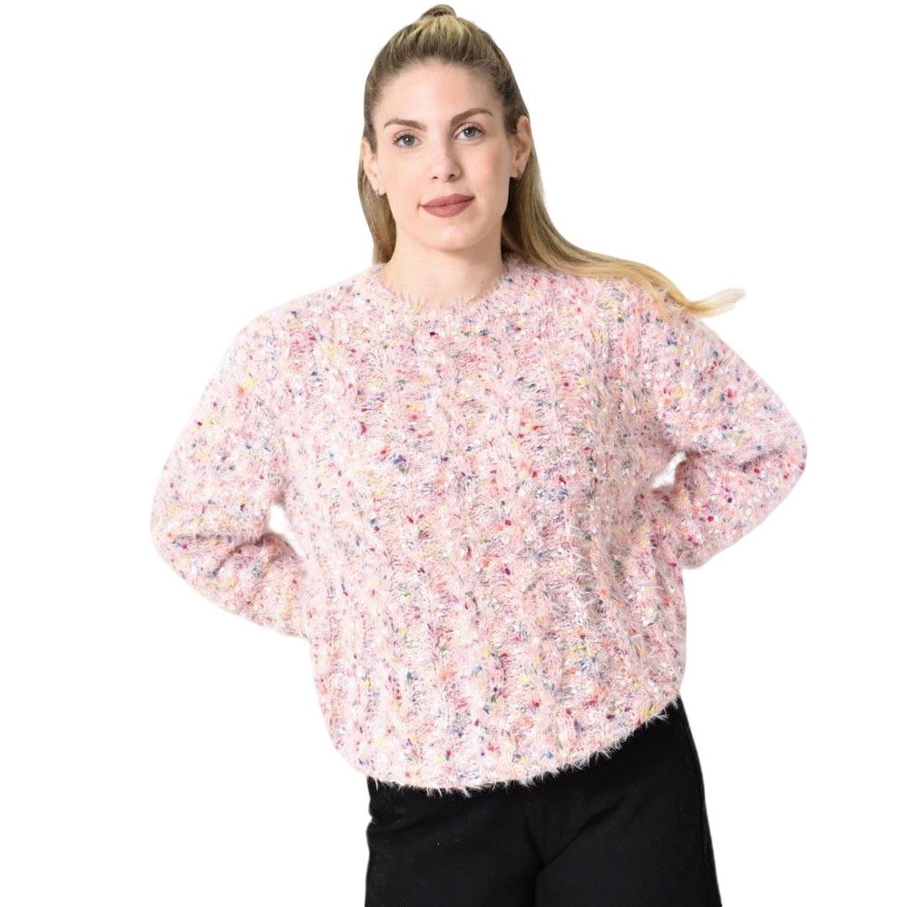 Πλεκτή Αφράτη Πουλόβερ Με Πολύχρωμες Νηματιές Ροζ 27172