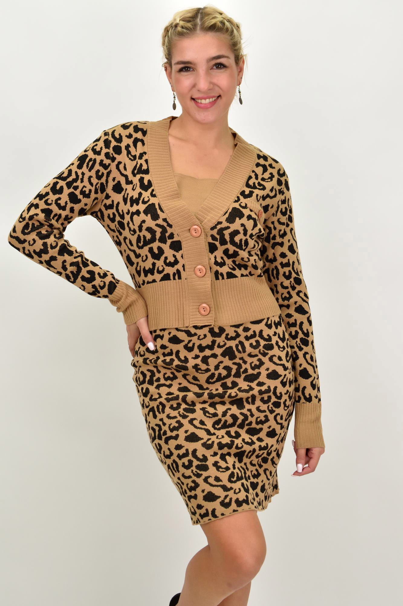 Γυναικείο πλεκτό σετ animal print Μπεζ 22112