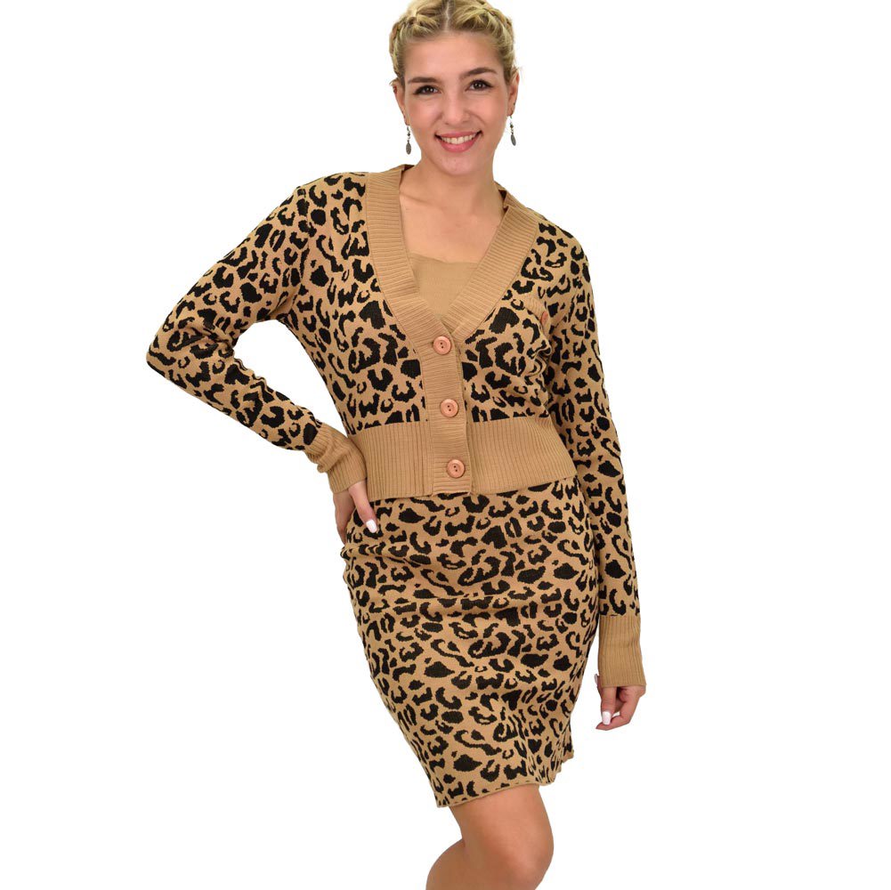 Γυναικείο πλεκτό σετ animal print Μπεζ 22112