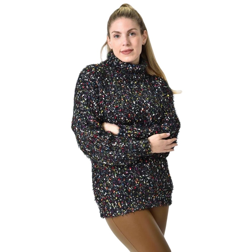 Πλεκτή αφράτη πουλόβερ με ζιβάγκο με πολύχρωμες νηματιές Μαύρο 27180