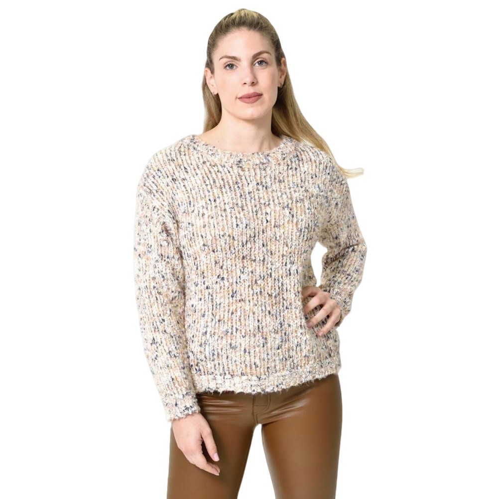 Πλεκτή αφράτη πουλόβερ με πολύχρωμες νηματιές Εκρού 27193