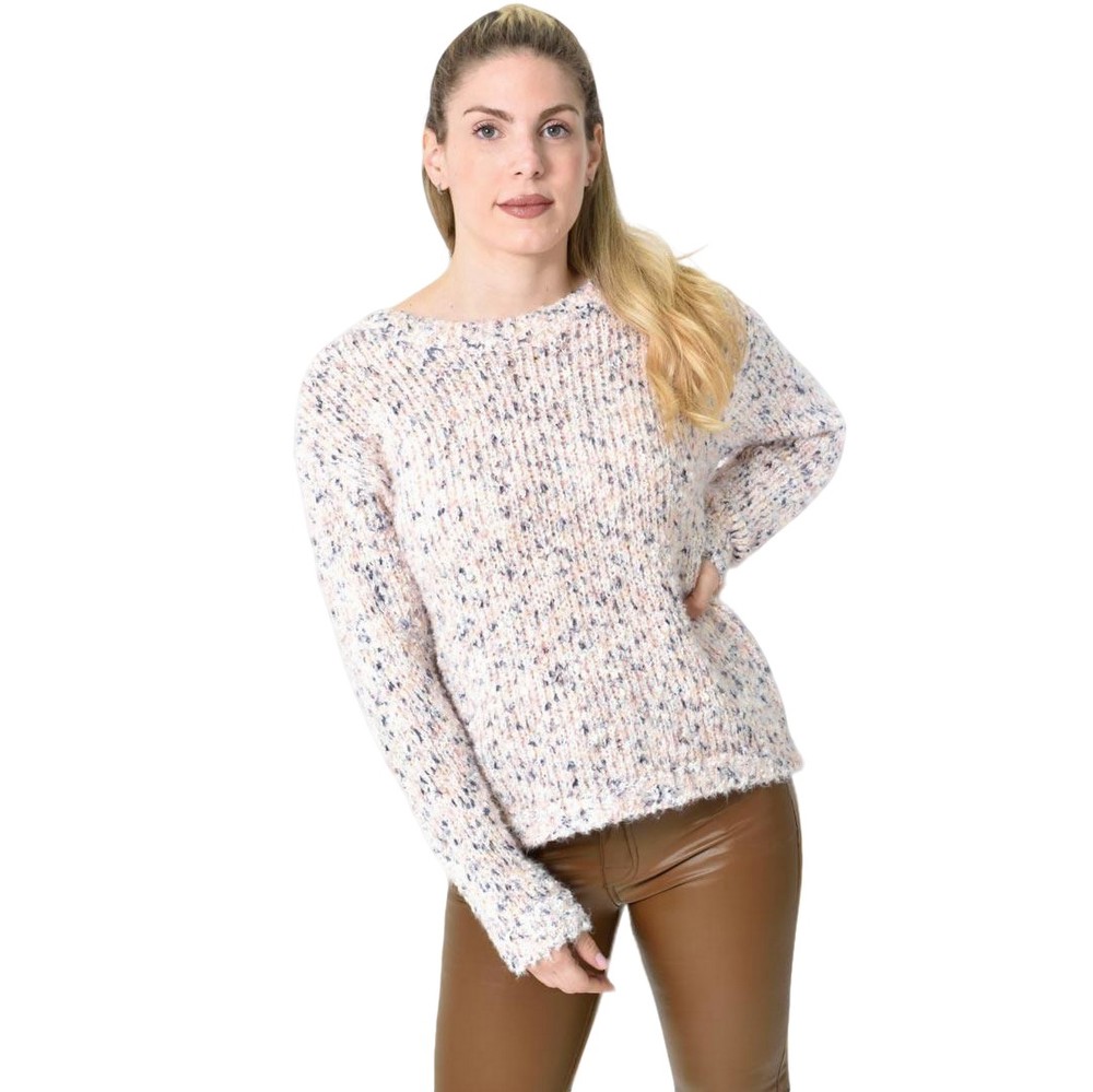 Πλεκτή αφράτη πουλόβερ με πολύχρωμες νηματιές Ροζ 27195