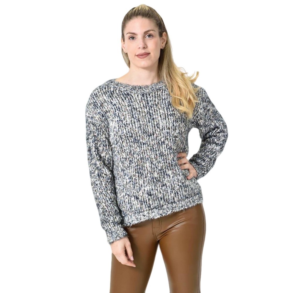 Πλεκτή αφράτη πουλόβερ με πολύχρωμες νηματιές Μαύρο 27188