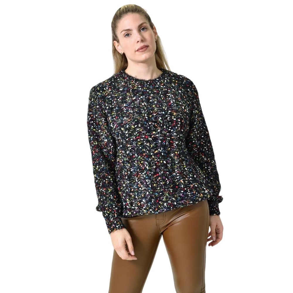 Πλεκτή Αφράτη Πουλόβερ Με Πολύχρωμες Νηματιές Μαύρο 27173