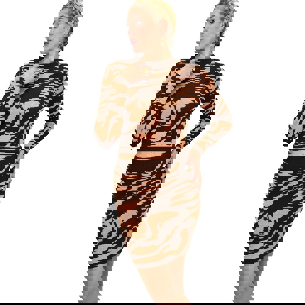 Γυναικείο πλεκτό σετ με σχέδιο animal print Καφέ 22111