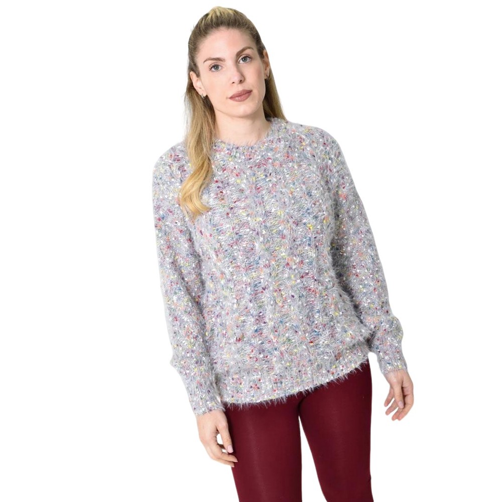 Πλεκτή Αφράτη Πουλόβερ Με Πολύχρωμες Νηματιές Γκρι 27174