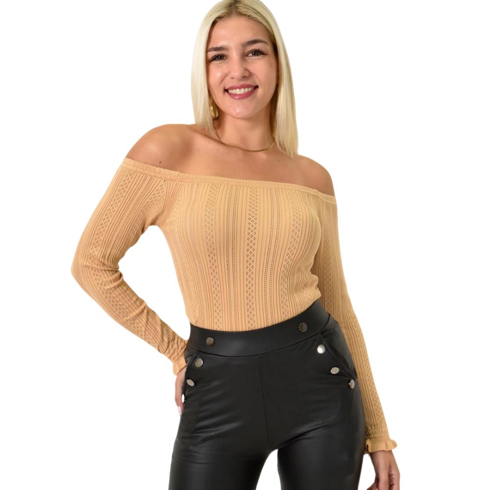 Γυναικείο πλεκτό με διάτρητο σχέδιο και τελείωμα βολάν Μπεζ 25881