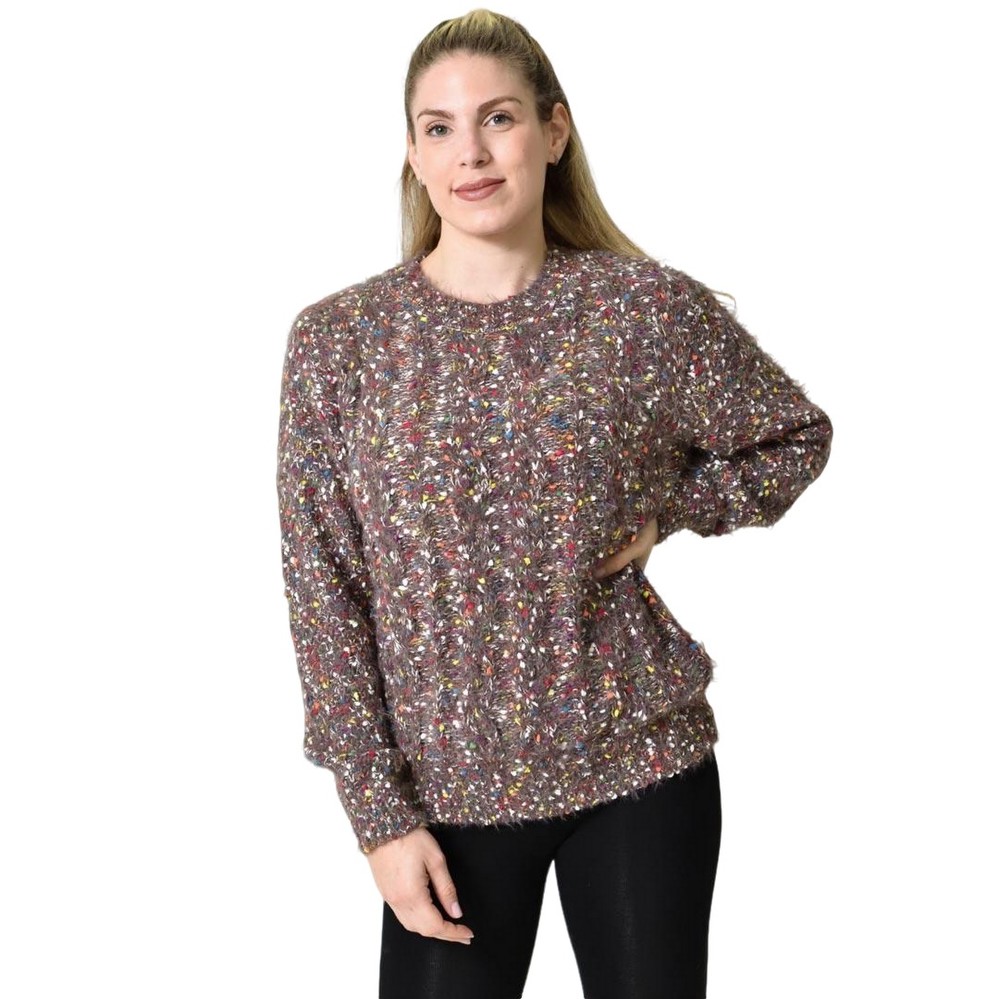 Πλεκτή Αφράτη Πουλόβερ Με Πολύχρωμες Νηματιές Καφέ 27175