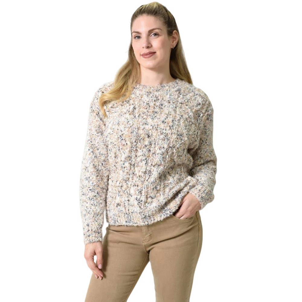 Πλεκτή αφράτη πουλόβερ με πολύχρωμες νηματιές Εκρού 27198