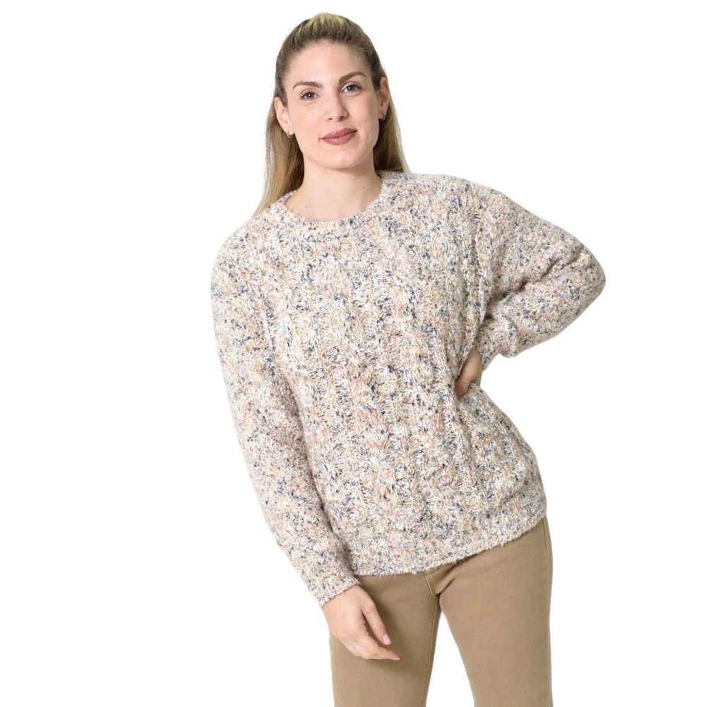 Πλεκτή αφράτη πουλόβερ με πολύχρωμες νηματιές Εκρού 27204