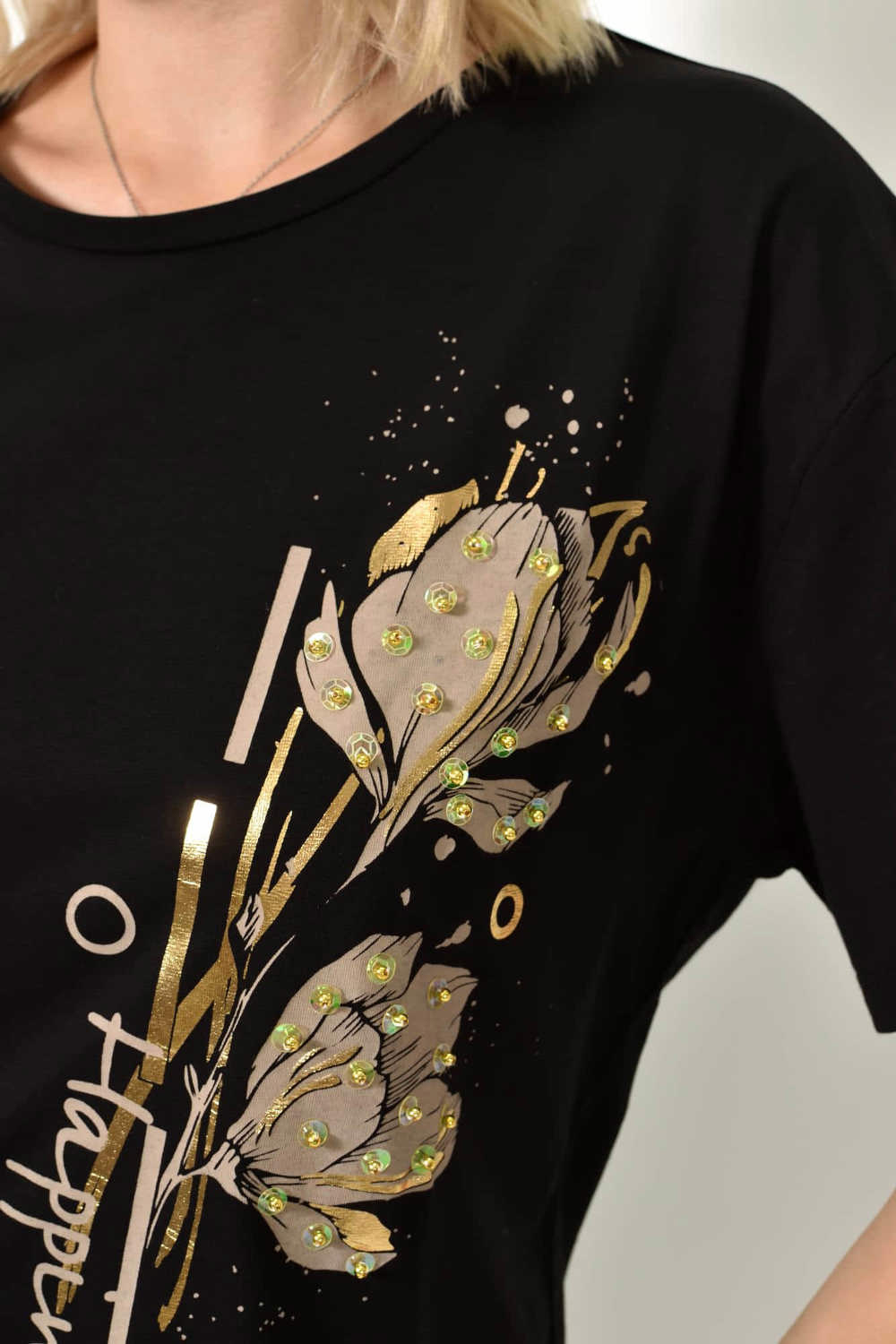 T-Shirt με σχέδιο "Happiness" Μαύρο 24242 φωτογραφία