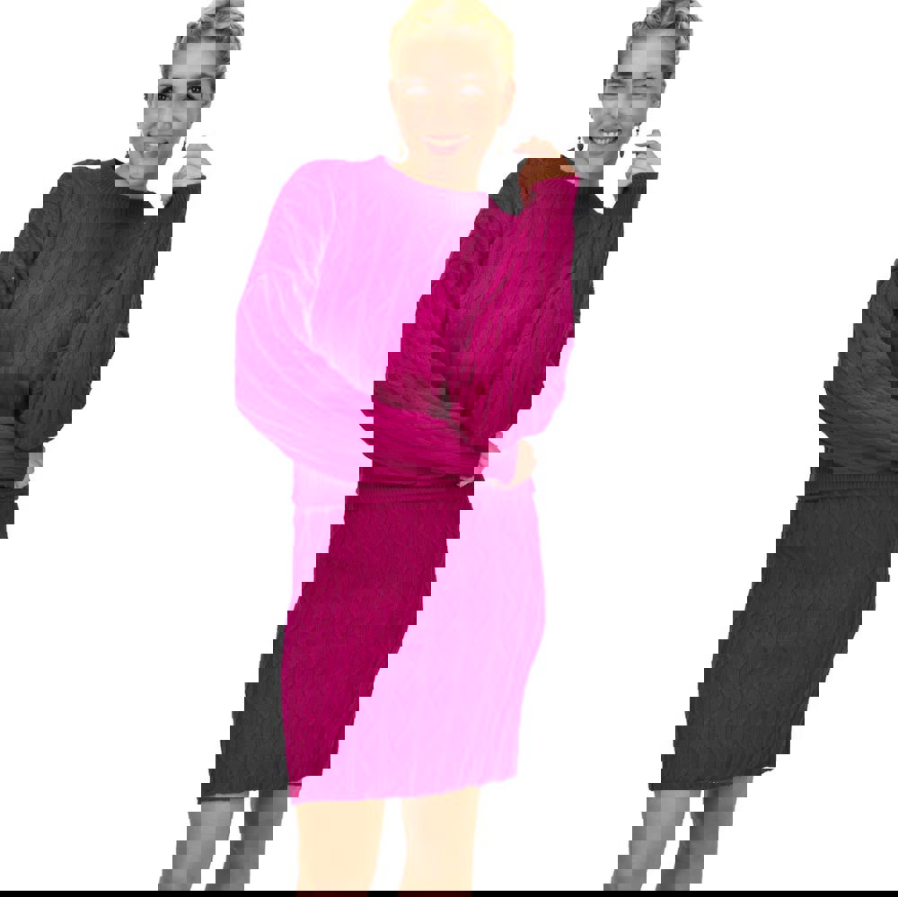 Γυναικείο πλεκτό σετ με σχέδιο πλεξούδες Φούξια 22102