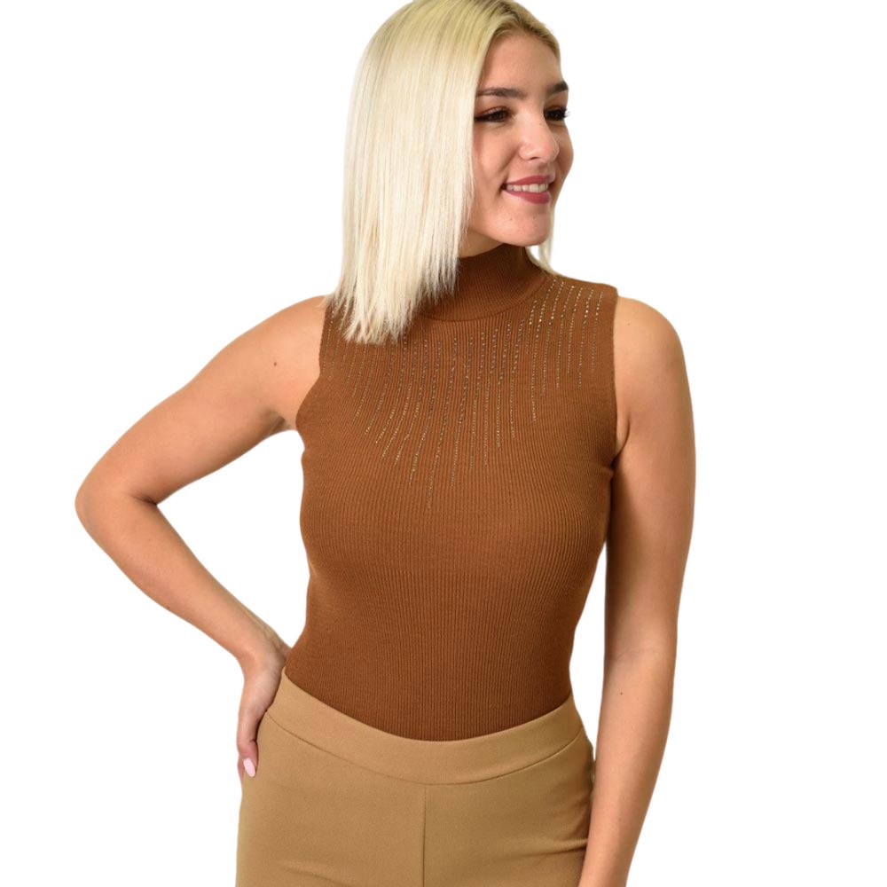 Γυναικείο πλεκτό αμάνικο ζιβάγκο με στρας Καφέ 25888