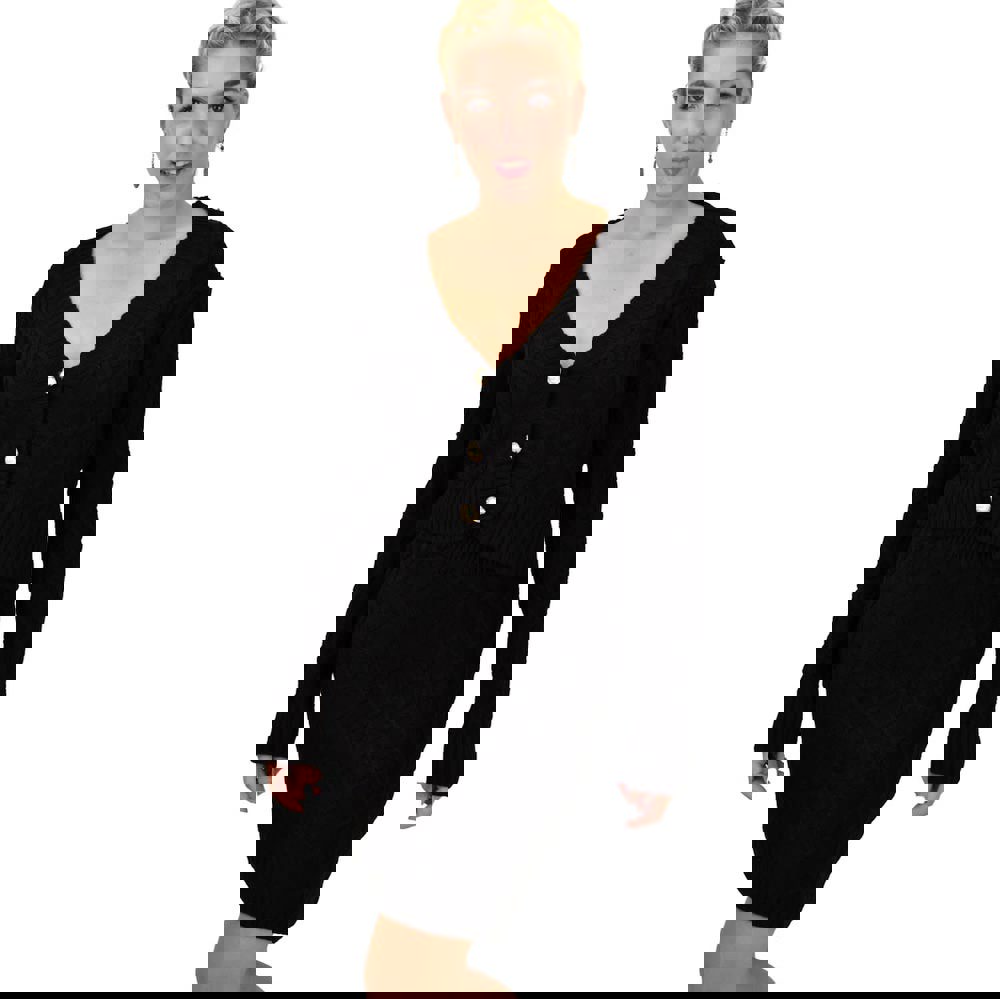 Γυναικείο πλεκτό σετ με σχέδιο πλεξούδες Μαύρο 22107