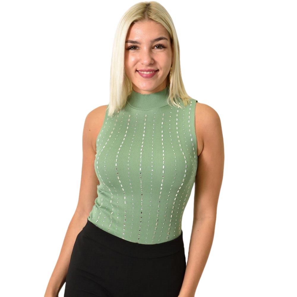 Γυναικείο πλεκτό αμάνικο ζιβάγκο με στρας Φυστικί 25884