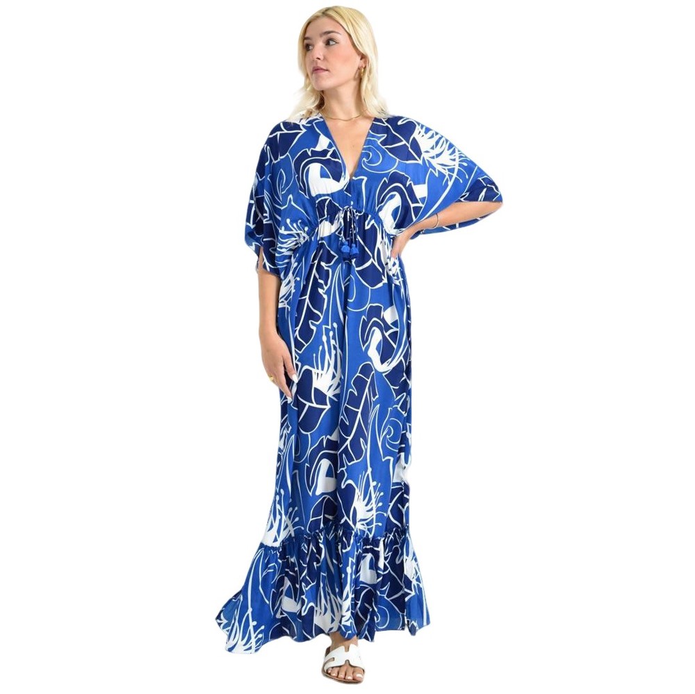 Μάξι Φόρεμα Καφτάν με Τροπικό Μοτίβο Μπλε 26660