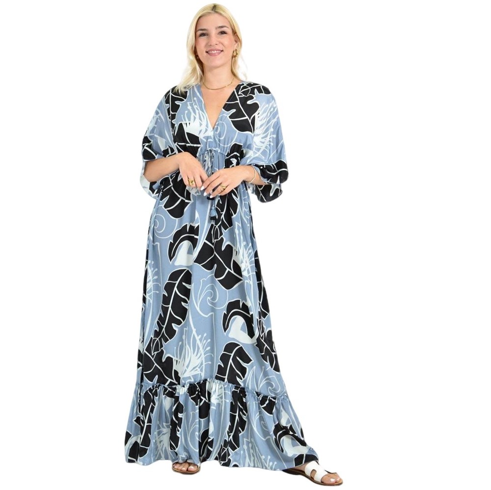 Μάξι Φόρεμα Καφτάν με Τροπικό Μοτίβο Σιέλ 26661