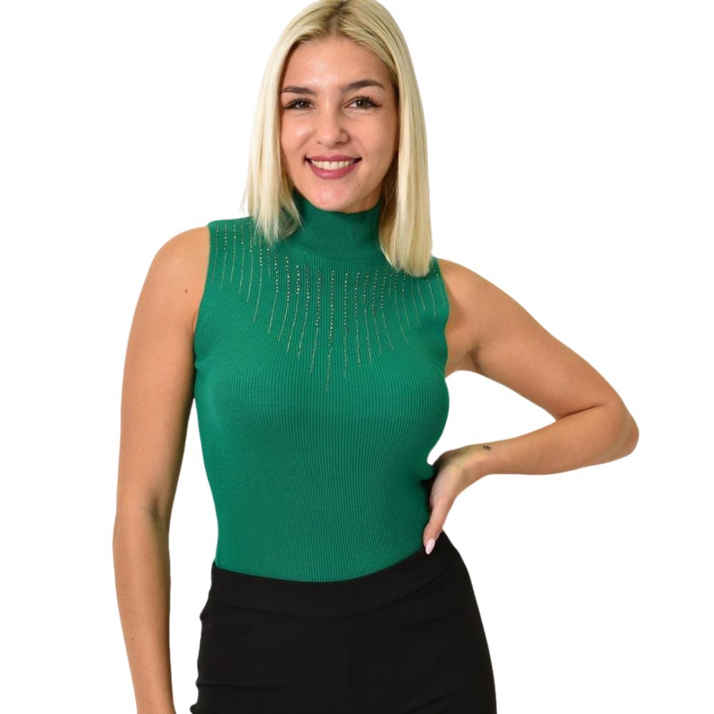 Γυναικείο πλεκτό αμάνικο ζιβάγκο με στρας Πράσινο 25890