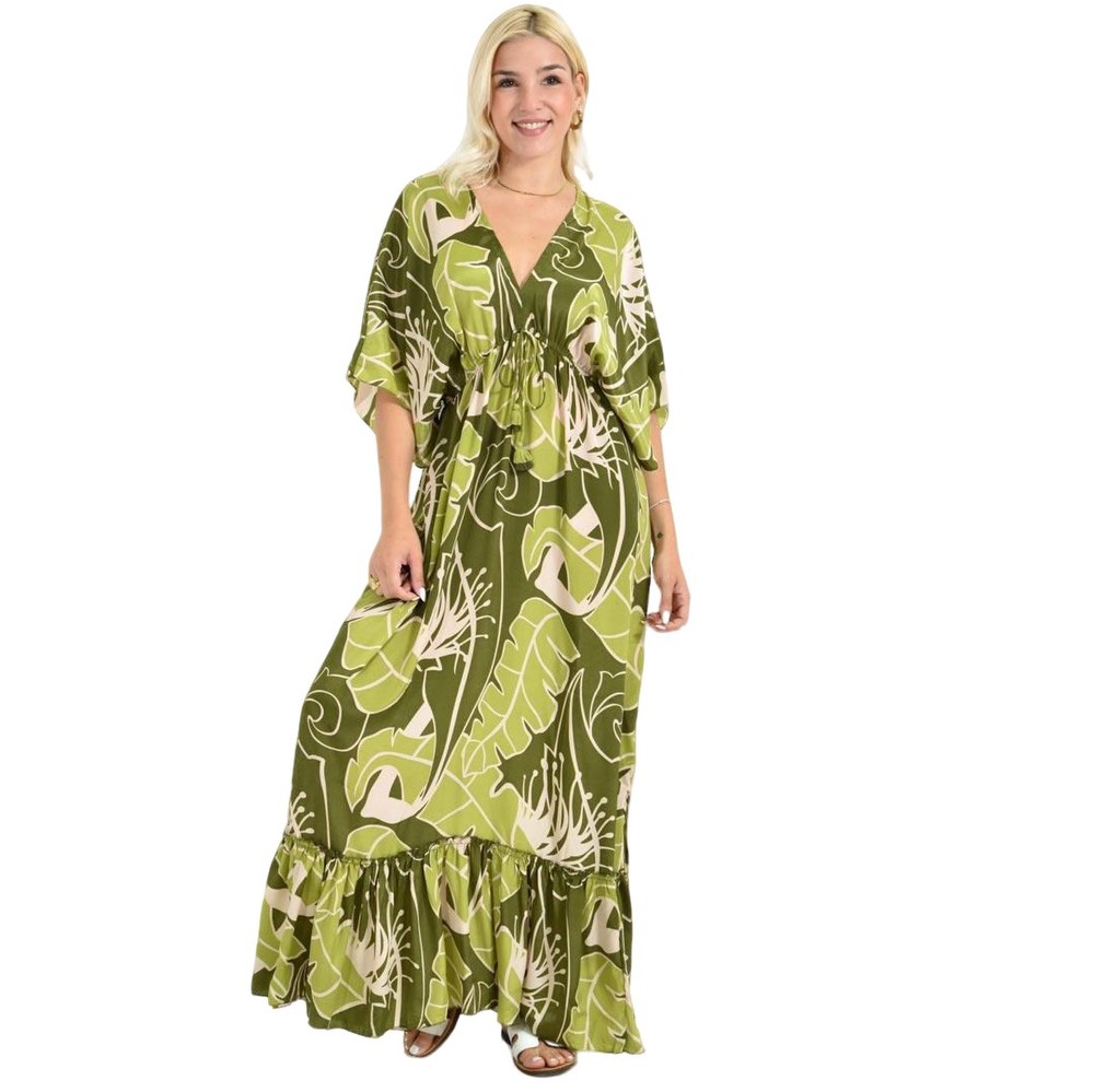 Μάξι Φόρεμα Καφτάν με Τροπικό Μοτίβο Λαδί 26662