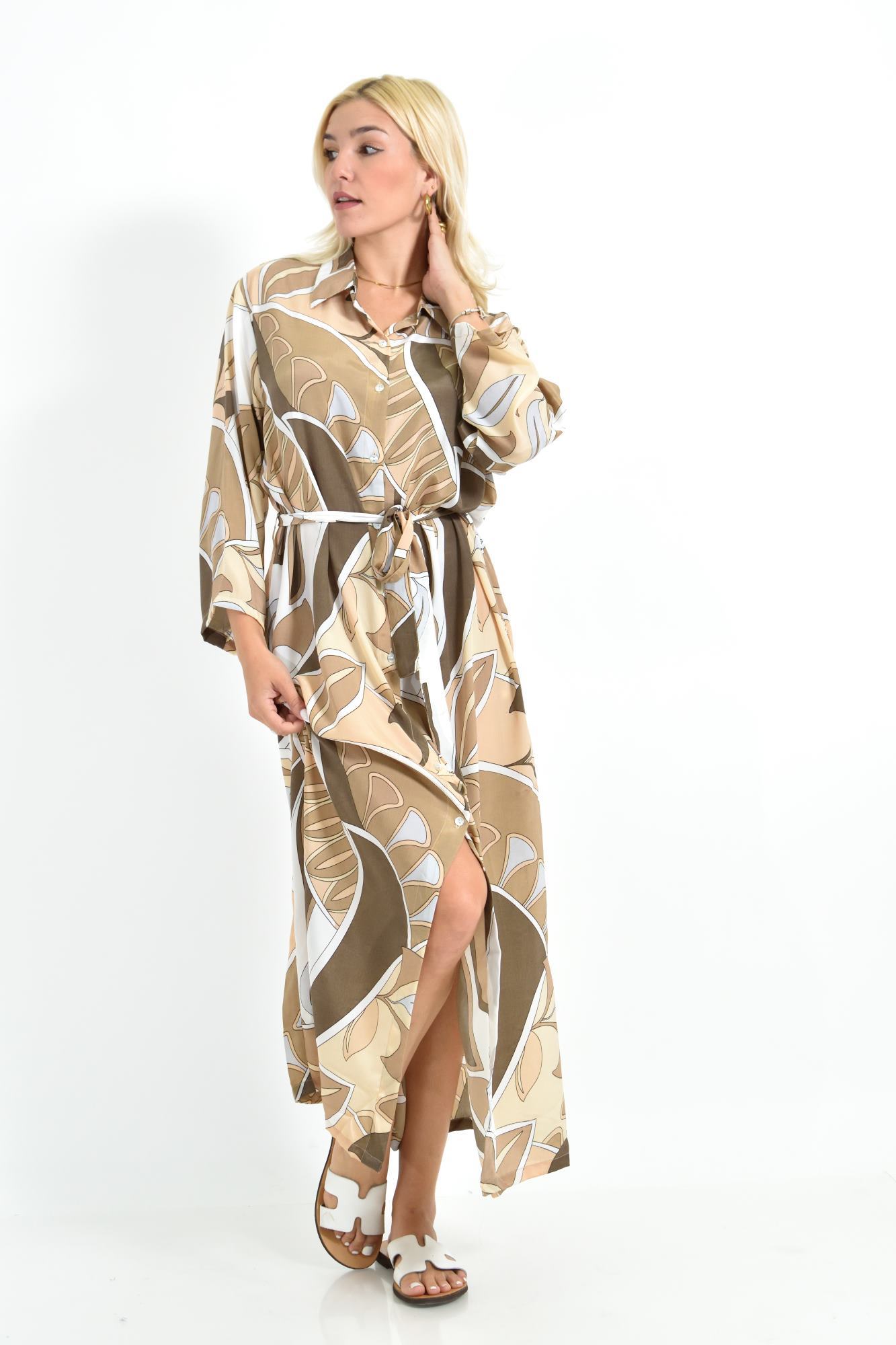 Μακρύ Πουκαμισοφόρεμα με Ζωηρό Tropical Print & Ζωνάκι Μπεζ 26651