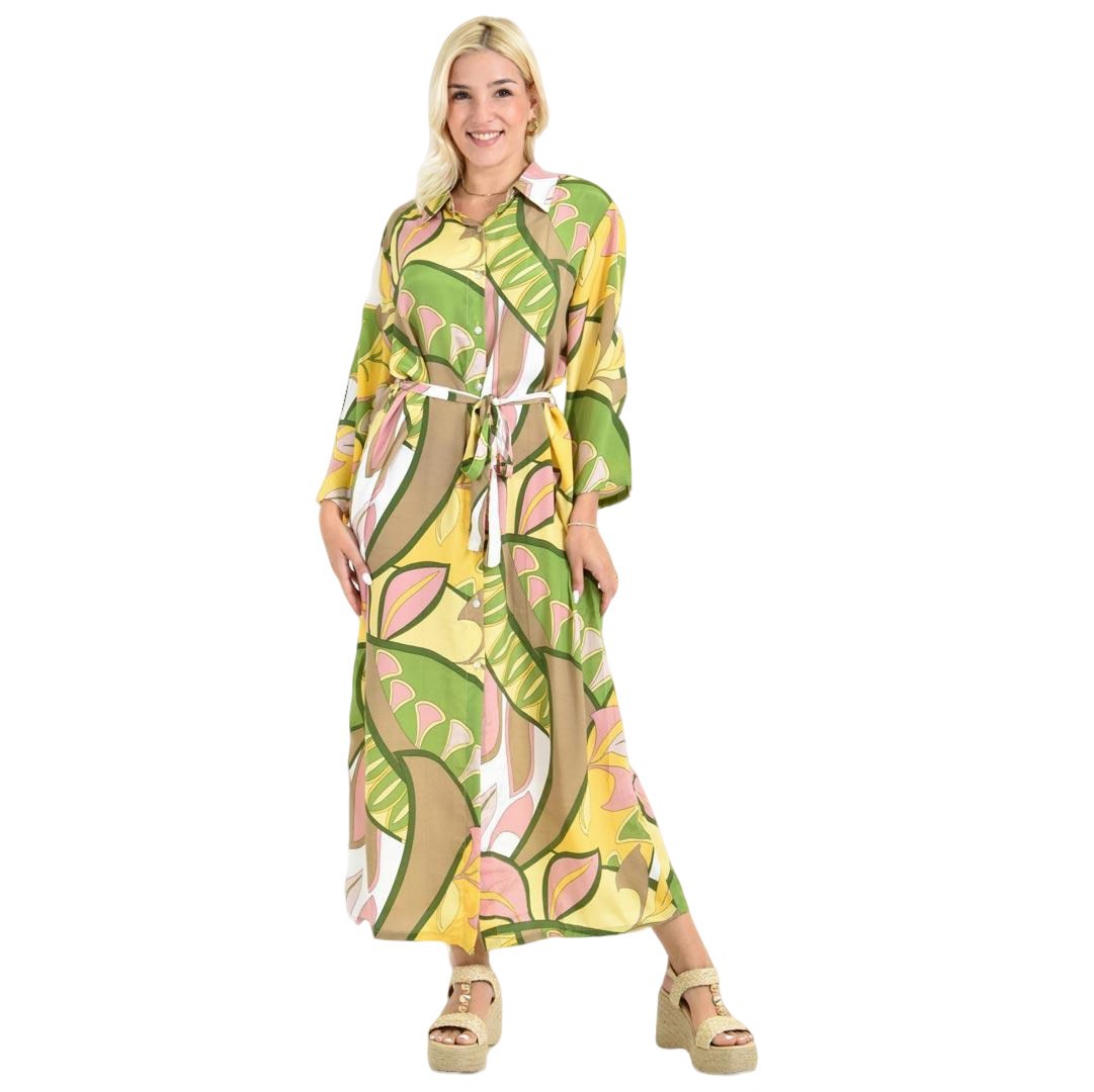 Μακρύ Πουκαμισοφόρεμα με Ζωηρό Tropical Print & Ζωνάκι Κίτρινο 26649
