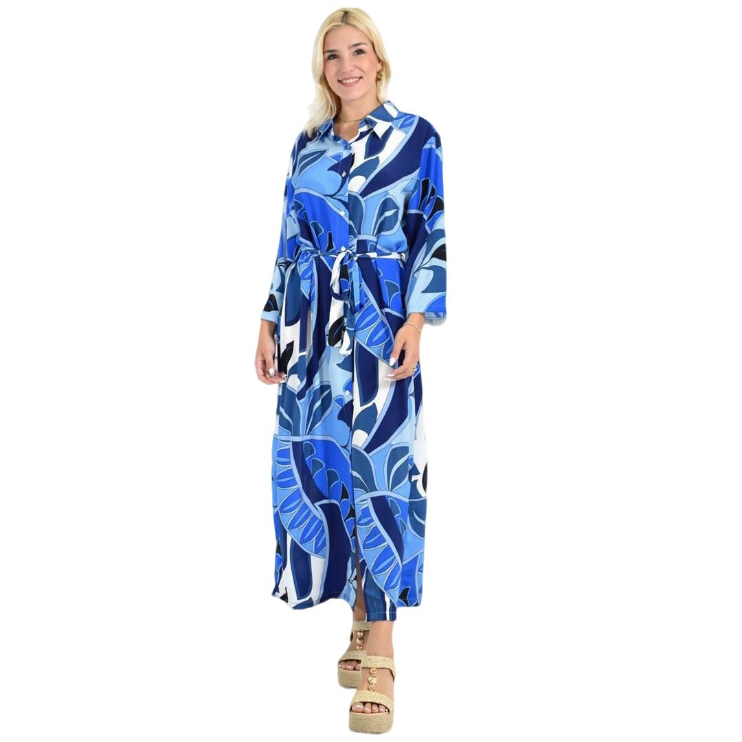 Μακρύ Πουκαμισοφόρεμα με Ζωηρό Tropical Print & Ζωνάκι Μπλε 26650