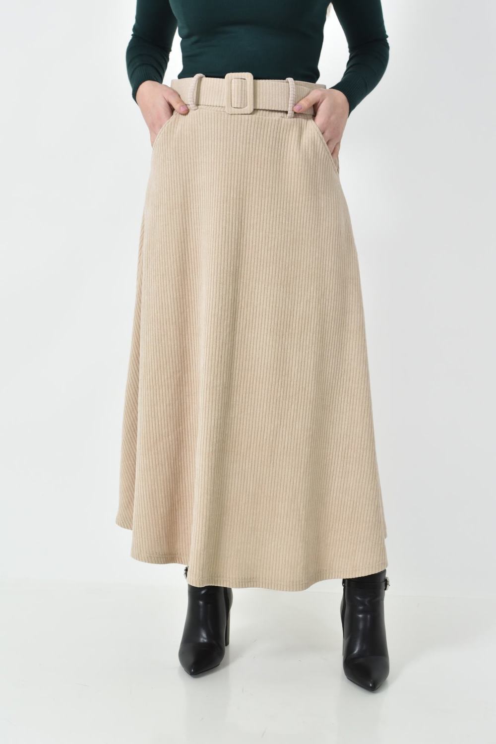 Γυναικεία φούστα κοτλέ με ζώνη Εκρού 27336 φωτογραφία