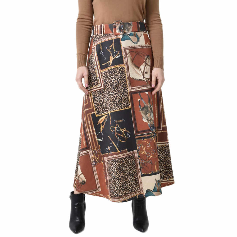 Ψηλόμεση Midi Φούστα Εβαζέ με Ασορτί Ζώνη Κεραμιδί 27257