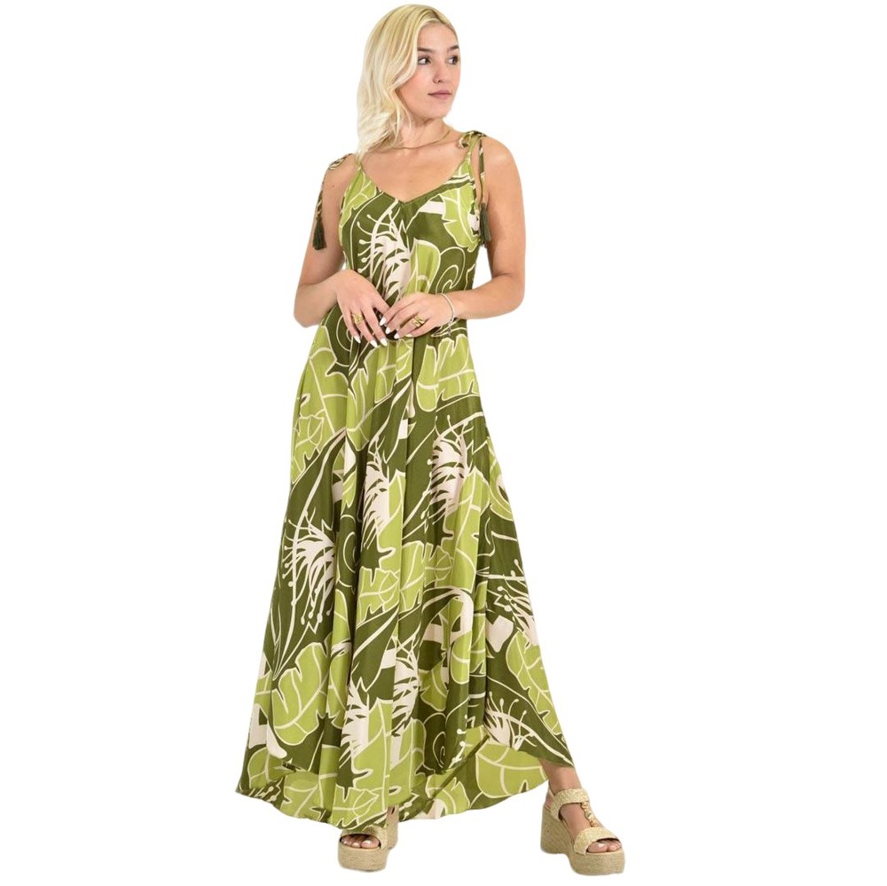 Μάξι Φόρεμα Τιράντα με Τροπικό Σχέδιο Λαδί 26659