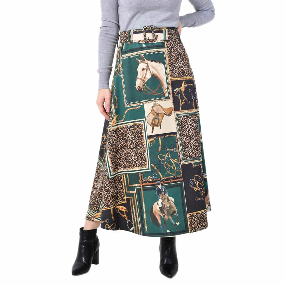 Potre OR Ψηλόμεση Midi Φούστα Εβαζέ με Ασορτί Ζώνη Λαδί 27255