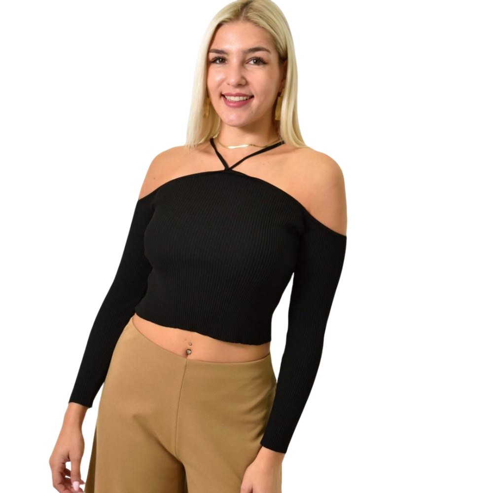 Γυναικεία μπλούζα με έξω ώμους και τιράντες Μαύρο 25899