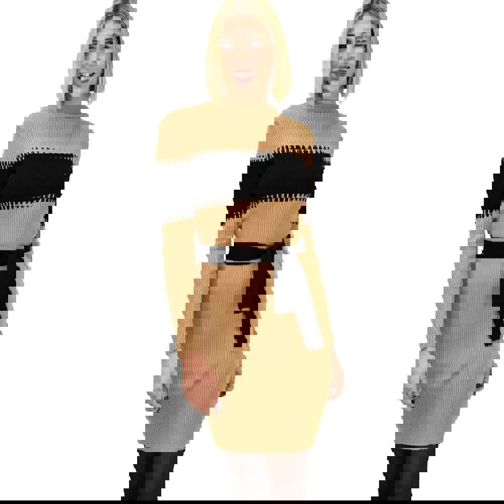 Γυναικείο φόρεμα πλεκτό με ζώνη και ρίγα Καφέ 9389