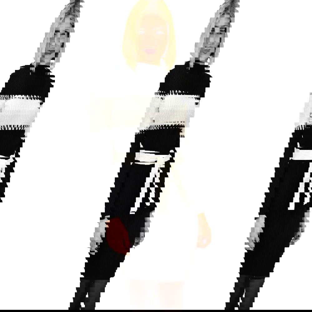 Γυναικείο φόρεμα πλεκτό με ζώνη και ρίγα Μαύρο 9377