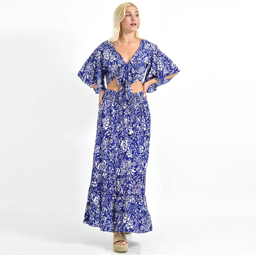 Boho Σετ με Φλοράλ Δέσιμο & Maxi Φούστα Μπλε 26616