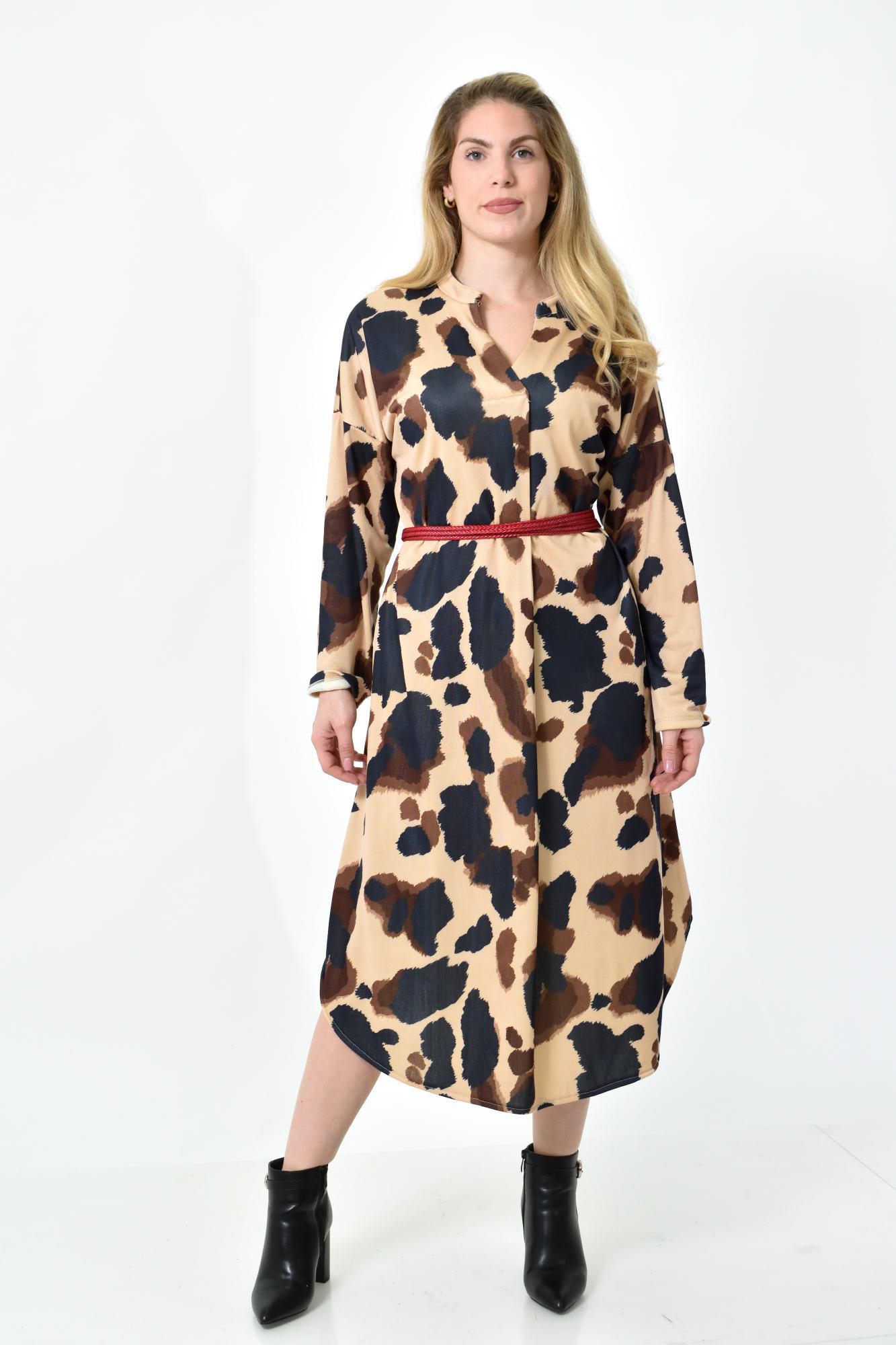 Midi Σεμιζιέ Φόρεμα Abstract Animal Print - Άνετη Γραμμή Μπλε Σκούρο 27286