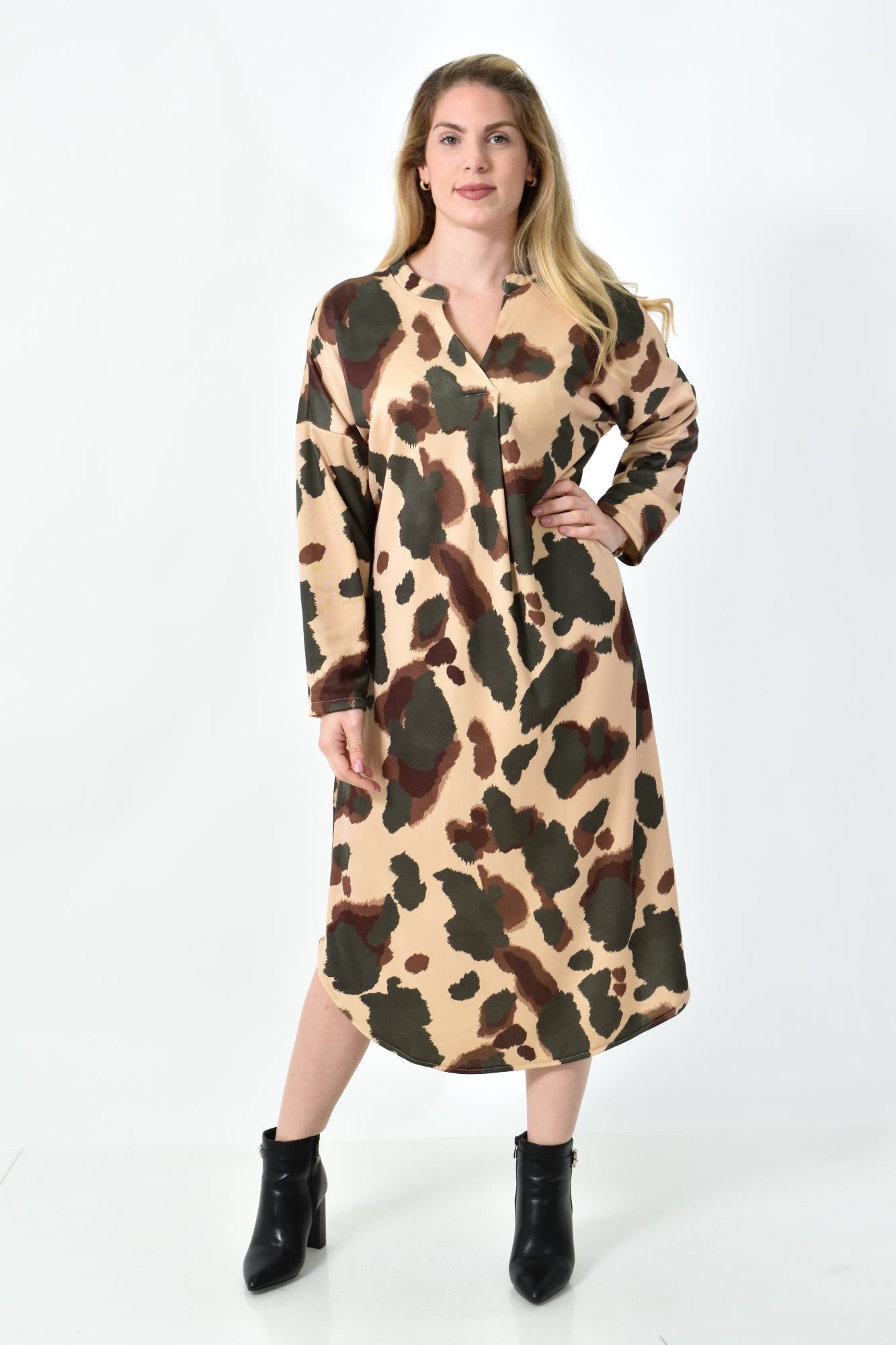 Midi Σεμιζιέ Φόρεμα Abstract Animal Print - Άνετη Γραμμή Χακί 27289