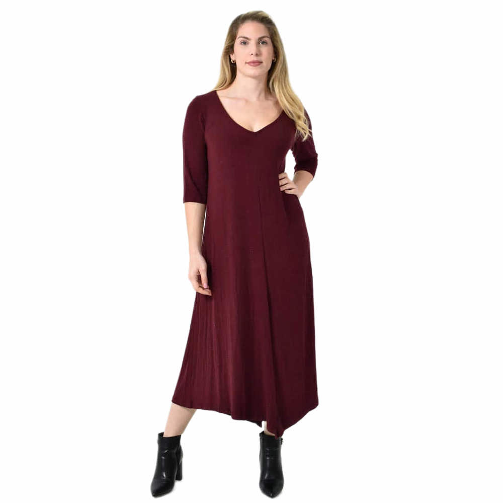 Midi Φόρεμα Βισκόζης με V και Μανίκι 3/4 Μπορντώ 27327