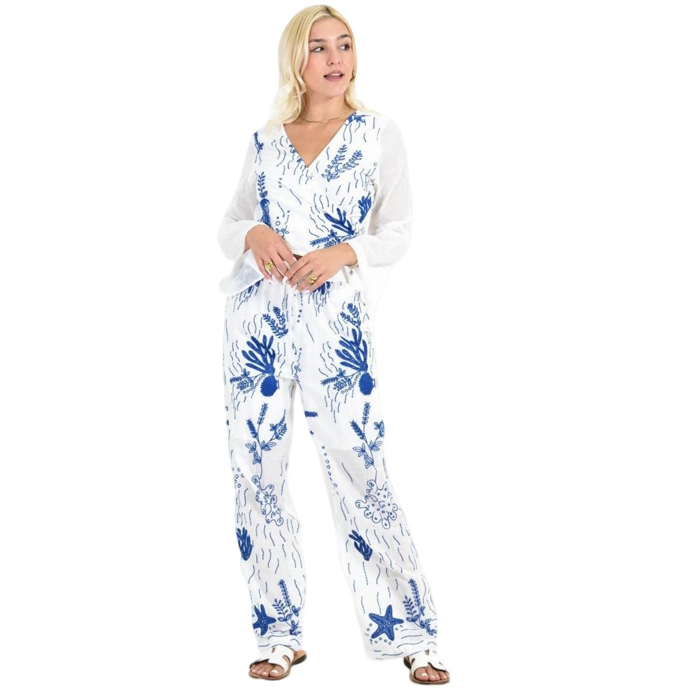 Σετ Παντελόνα & Crop Top με Θαλάσσιο Κεντητό Μοτίβο Μπλε 26627