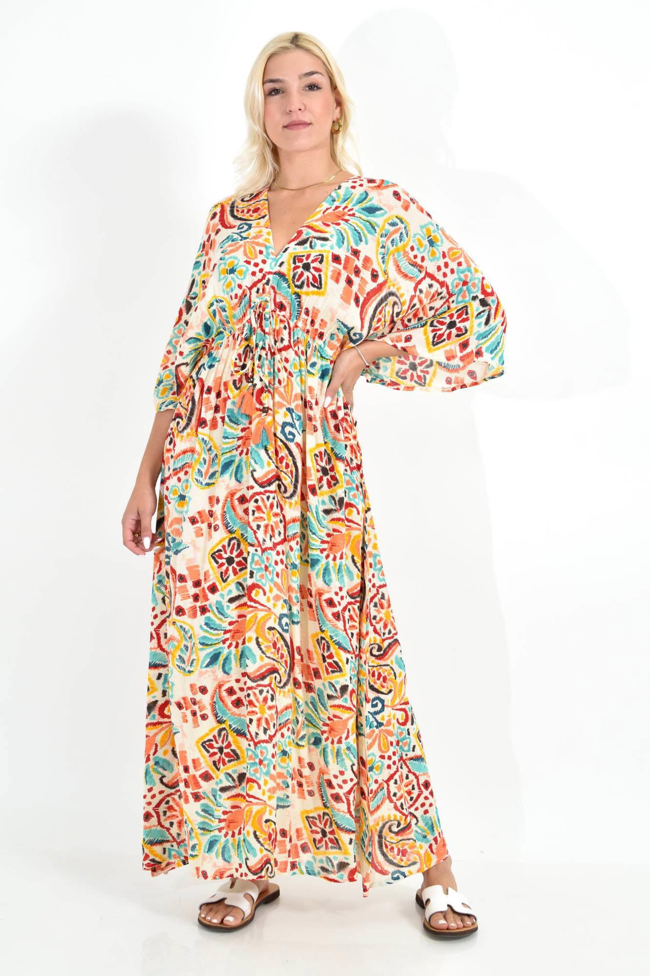 Boho Μάξι Φόρεμα με Ζωνάκι & Πολύχρωμο Μοτίβο Σομόν 26697
