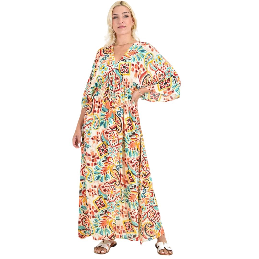 Boho Μάξι Φόρεμα με Ζωνάκι & Πολύχρωμο Μοτίβο Σομόν 26697