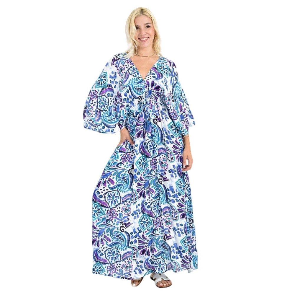 Boho Μάξι Φόρεμα με Ζωνάκι & Πολύχρωμο Μοτίβο Μπλε 26695