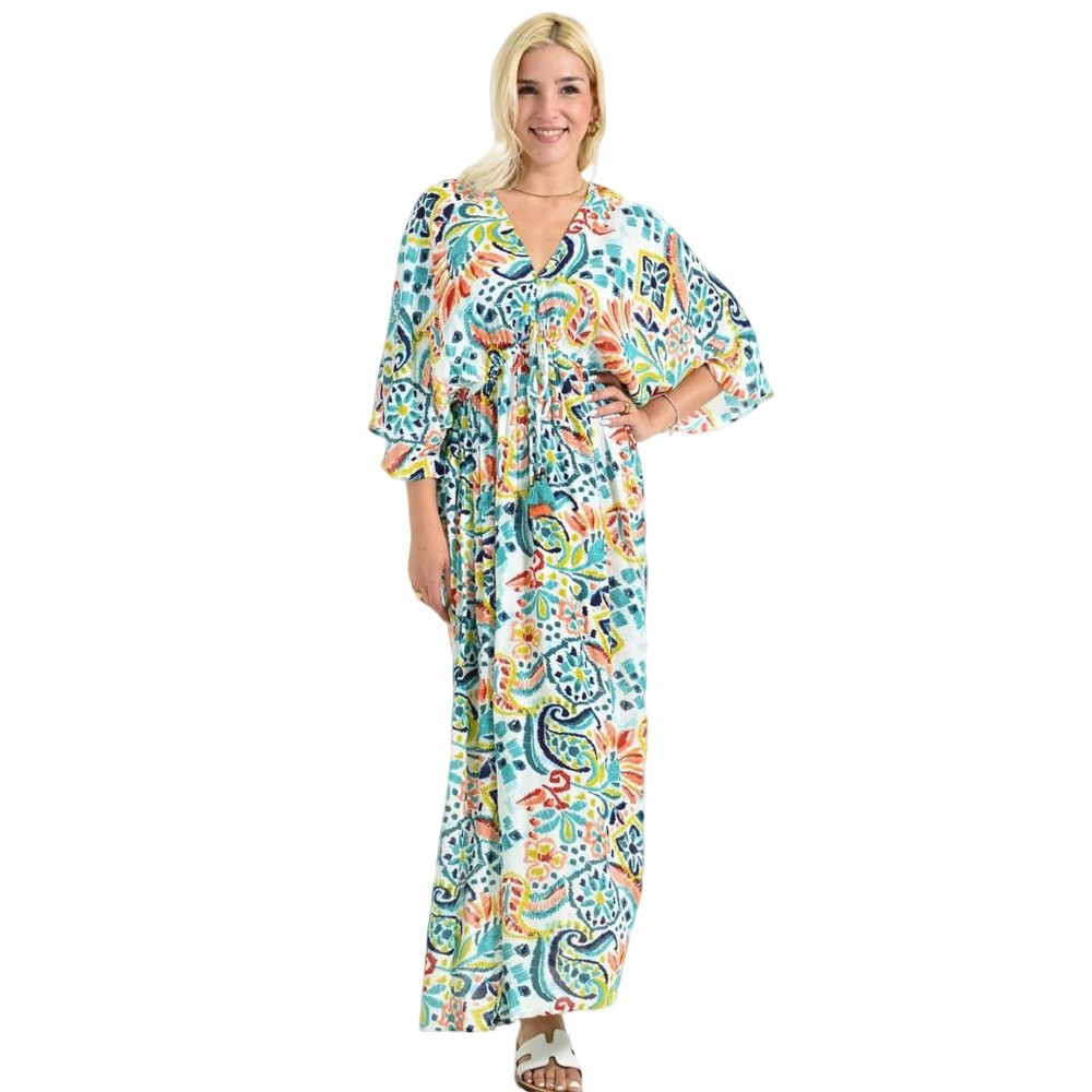 Boho Μάξι Φόρεμα με Ζωνάκι & Πολύχρωμο Μοτίβο Βεραμάν 26696